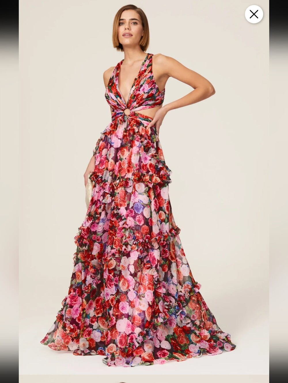 Mac Duggal Pink and Red Floral Ruffle Maxi Dress with Cutout 68076